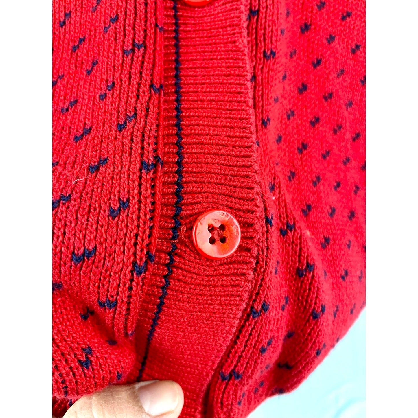 VTG Red Pattern V Neck Cardigan LARGE Womens 1990s Knit USA Made | Winona Knits