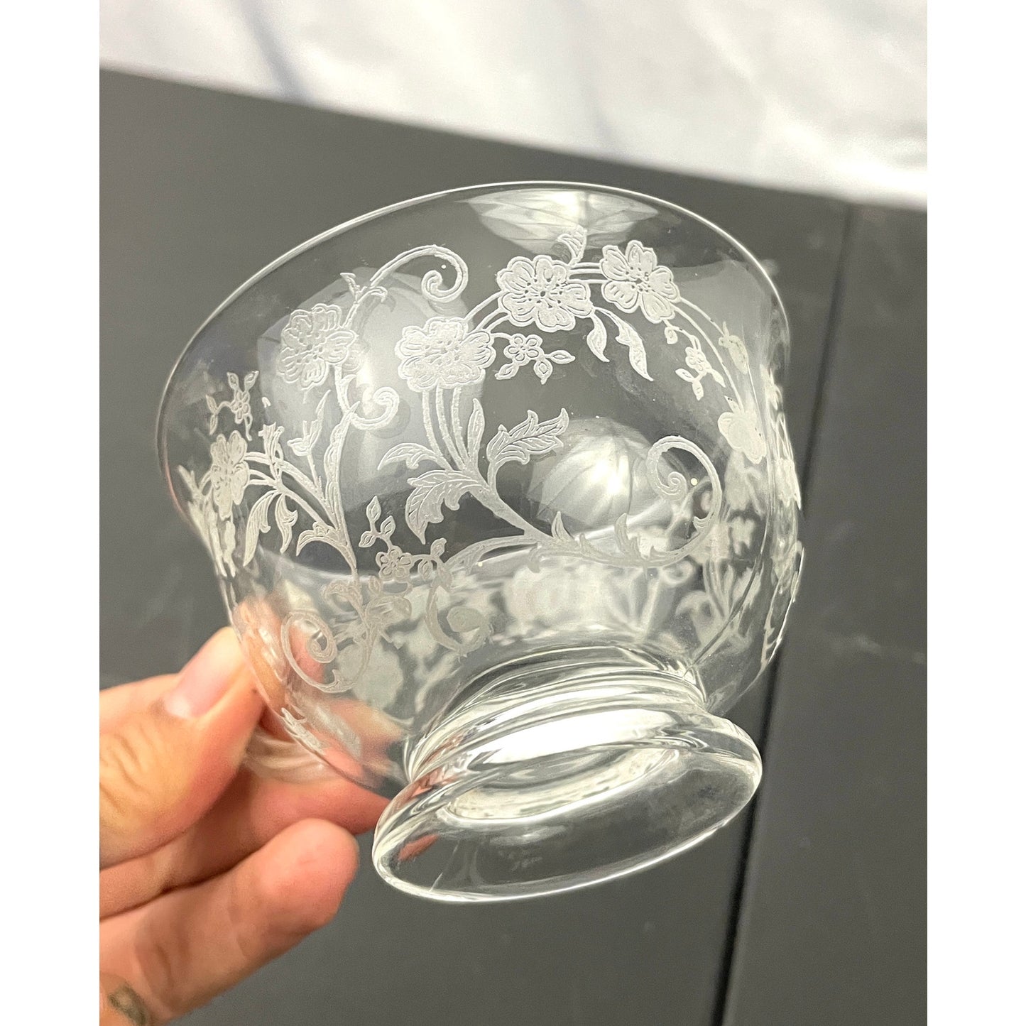 VTG Set of 4 Cambridge Clear Crystal Glass Rose Point Tea Cups Etched MCM