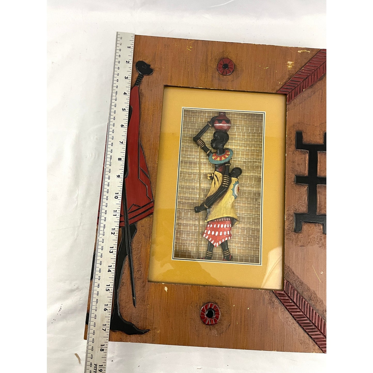 VTG Shadow Box Display With Statue Of African Tribe Woman Handmade 14"x17.5"