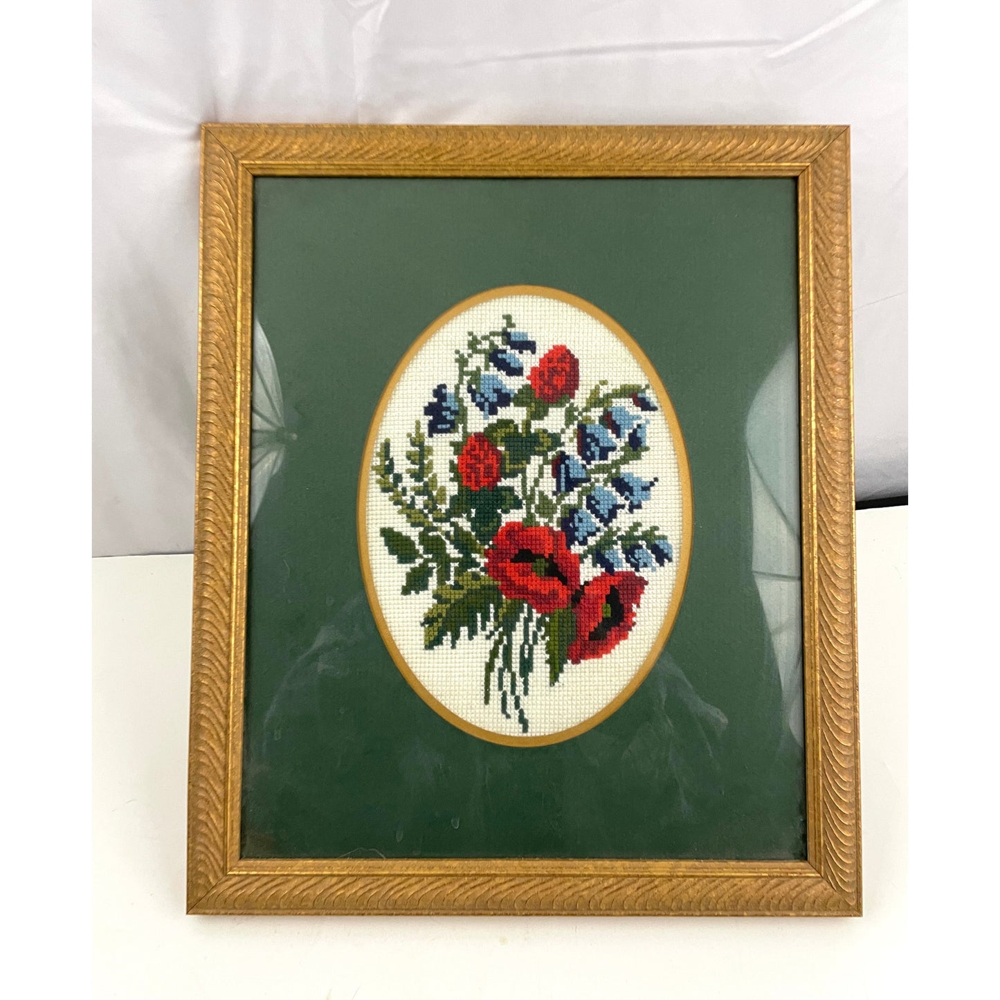 VTG Green Floral Embroidered Needlepoint Fiber Wall Art 13"x15.5" MCM Framed