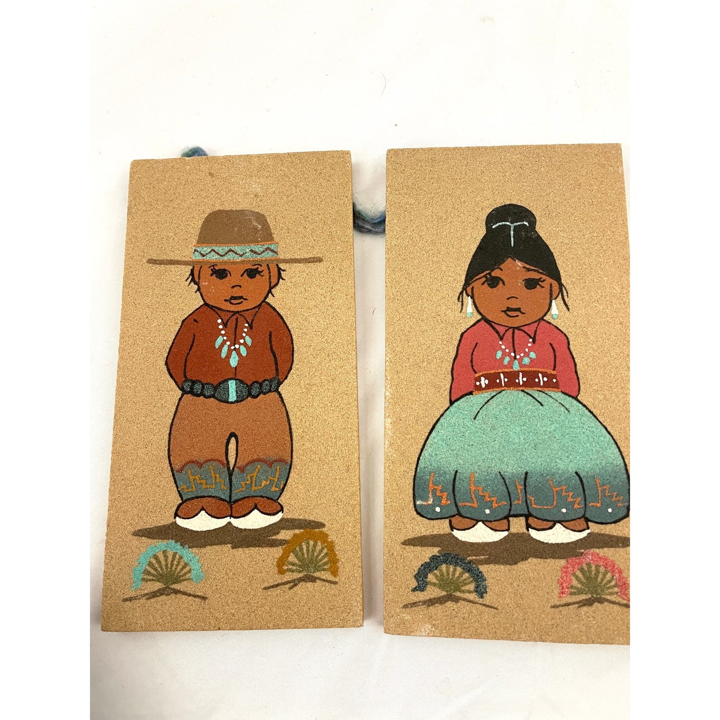 VTG Set of 2 Navajo Sand Art Paintings Navajo Boy & Girl Wall Decor 1990s