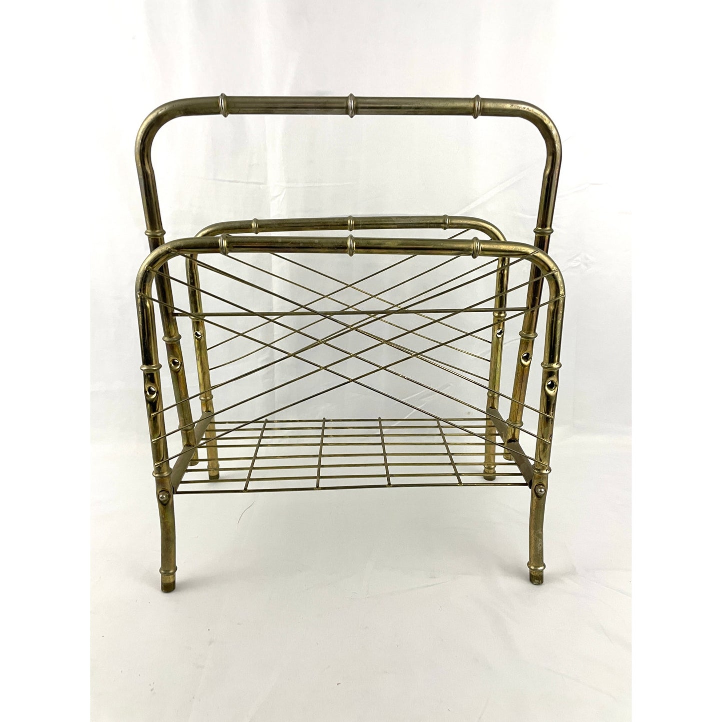 VTG Hollywood Regency Gold Metal Bamboo Cane Magazine Newspaper Stand Rack MCM