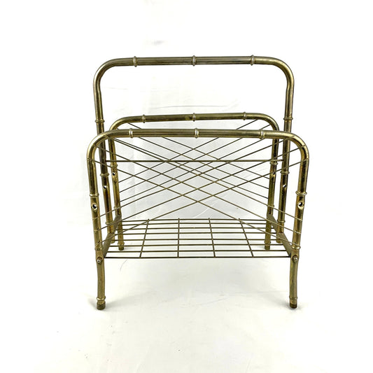 VTG Hollywood Regency Gold Metal Bamboo Cane Magazine Newspaper Stand Rack MCM