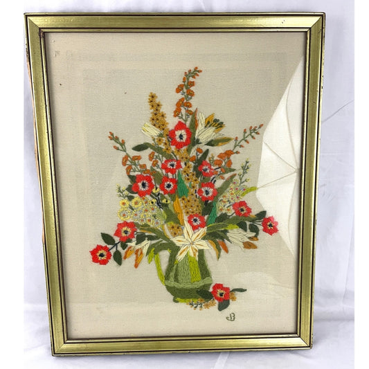 VTG Crewel Flowers Vase Needlecraft Embroidered Framed Wall Art 17.5"x21.5" 70s