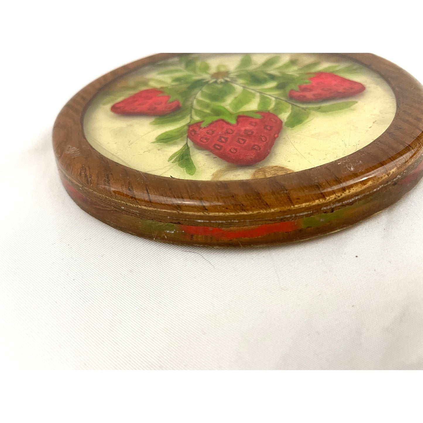 VTG Lucite Coaster Dried Flowers & Painted Strawberry Acrylic 1970's Retro Gamut