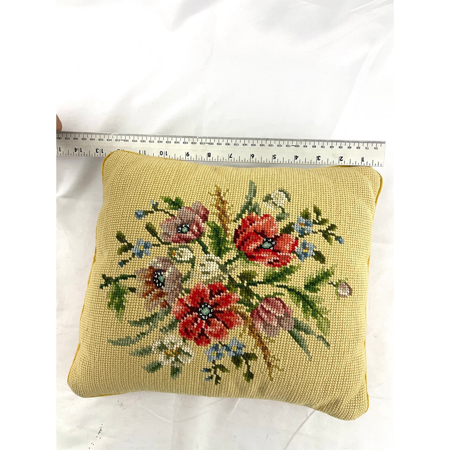 VTG Hand Sewn Pillow Wild Flowers Floral Roses Yellow Embroidered 10"x13"