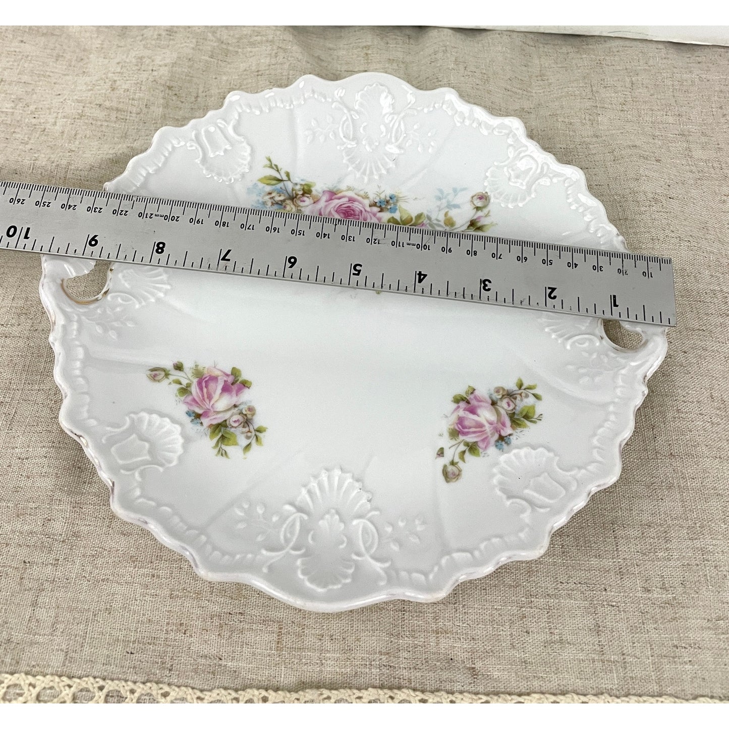 VTG Porcelain Pink Roses Floral Serving Plate With Handles Embossed Shabby Chic