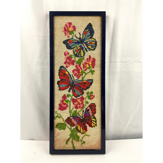 VTG 70's Butterflies Embroidered Needlepoint Flowers MCM Fiber Art 7.5" x 19"