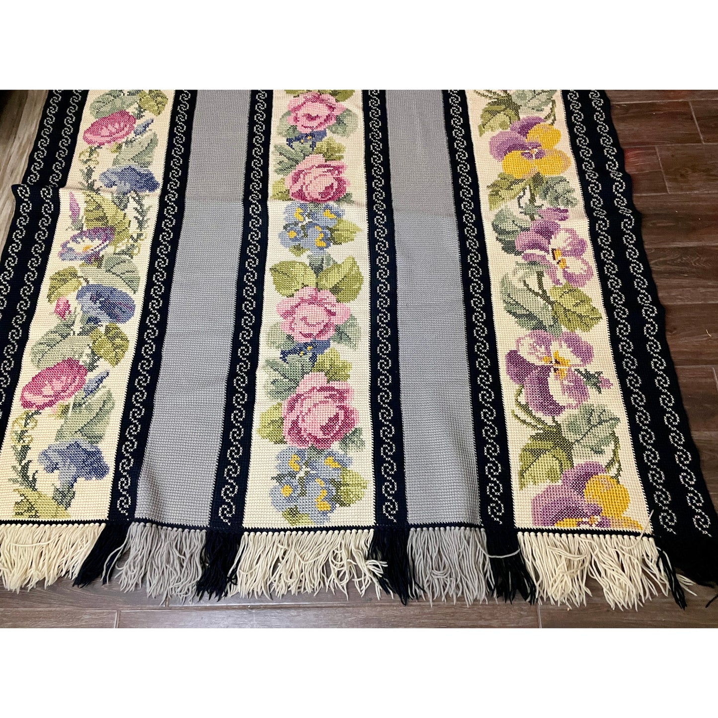 VTG Hand Knitted Blanket Throw Pansy Roses Morning Glory Flowers  60" x 74"