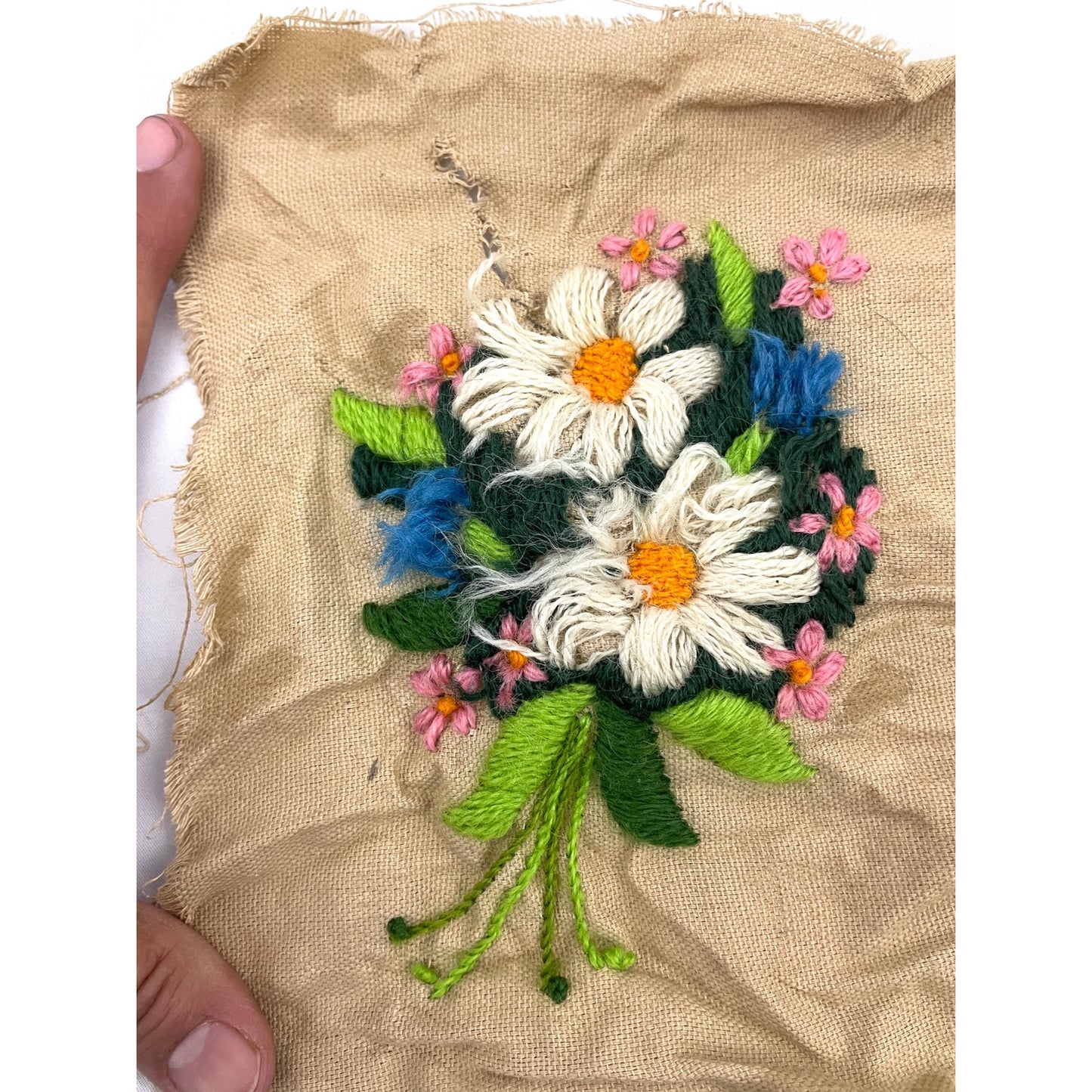 VTG Lot of 2 Crewel 1970's Embroidered Fiber Art Daisies Floral Strawberries MCM