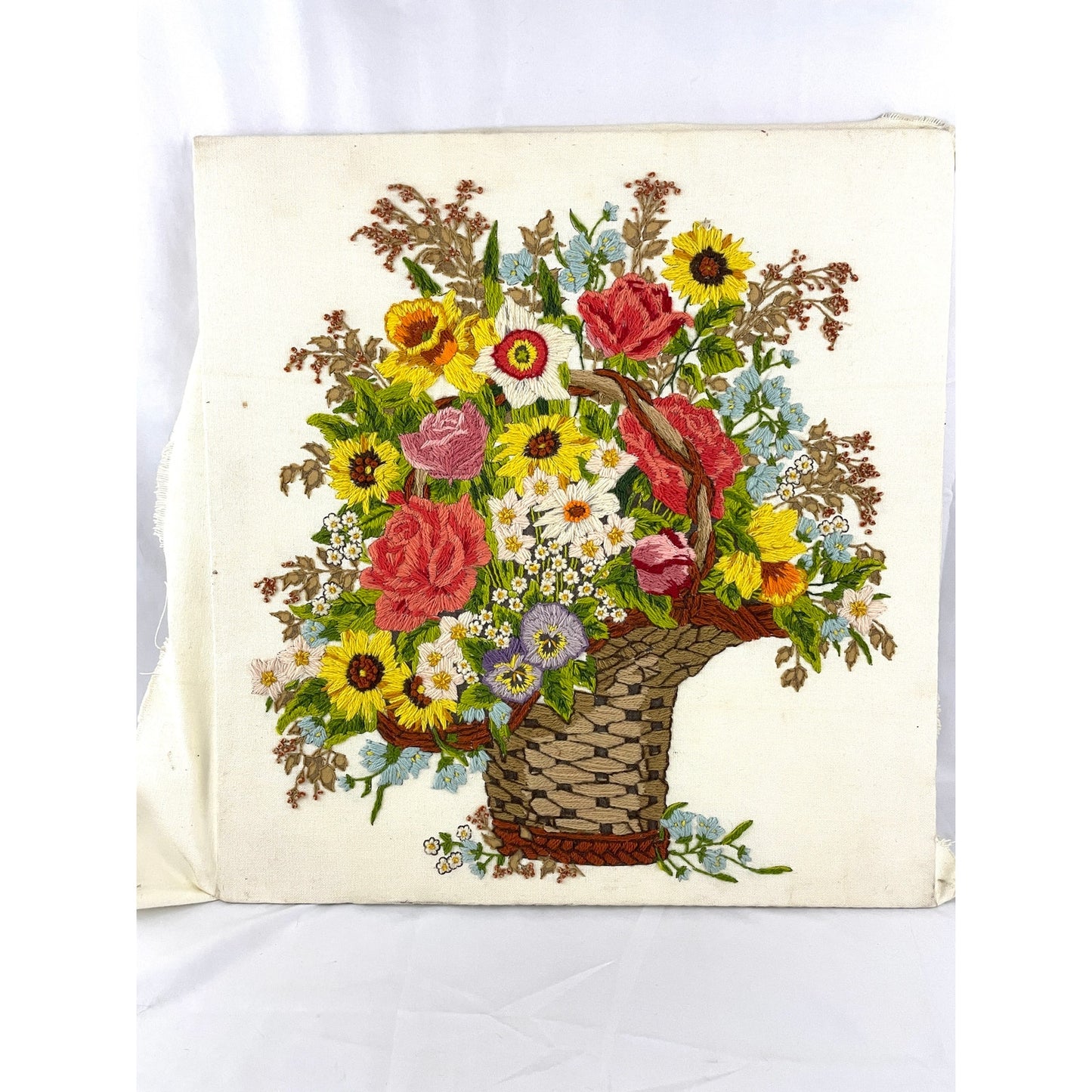 VTG Crewel Embroidered Floral Arrangement Mount 70's MCM Fiber Wall Art 20"X21"