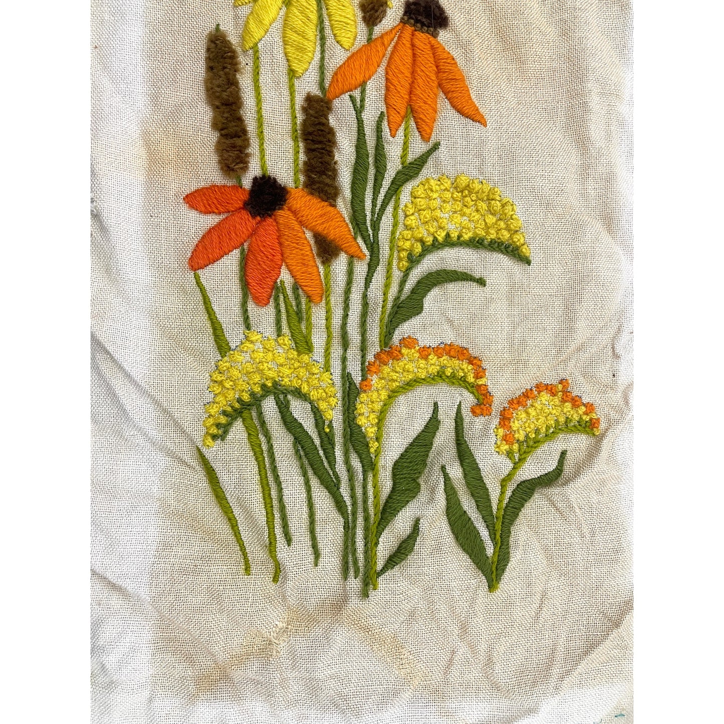 VTG Crewel Wildflowers Floral Embroidered Fiber Wall Art 15"x25" MCM 1970s