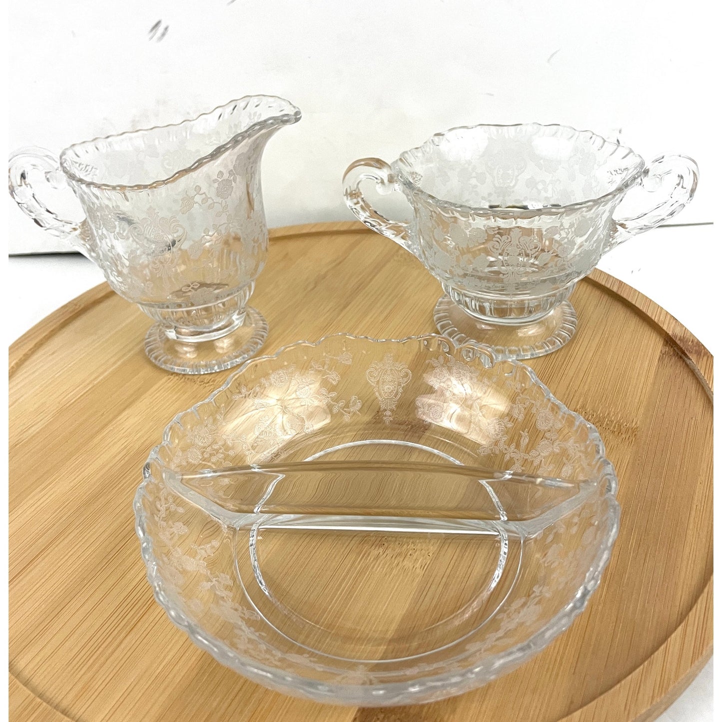 VTG Cambridge Rose Point Divided Dish Sugar and Creamer Etched Clear Glass