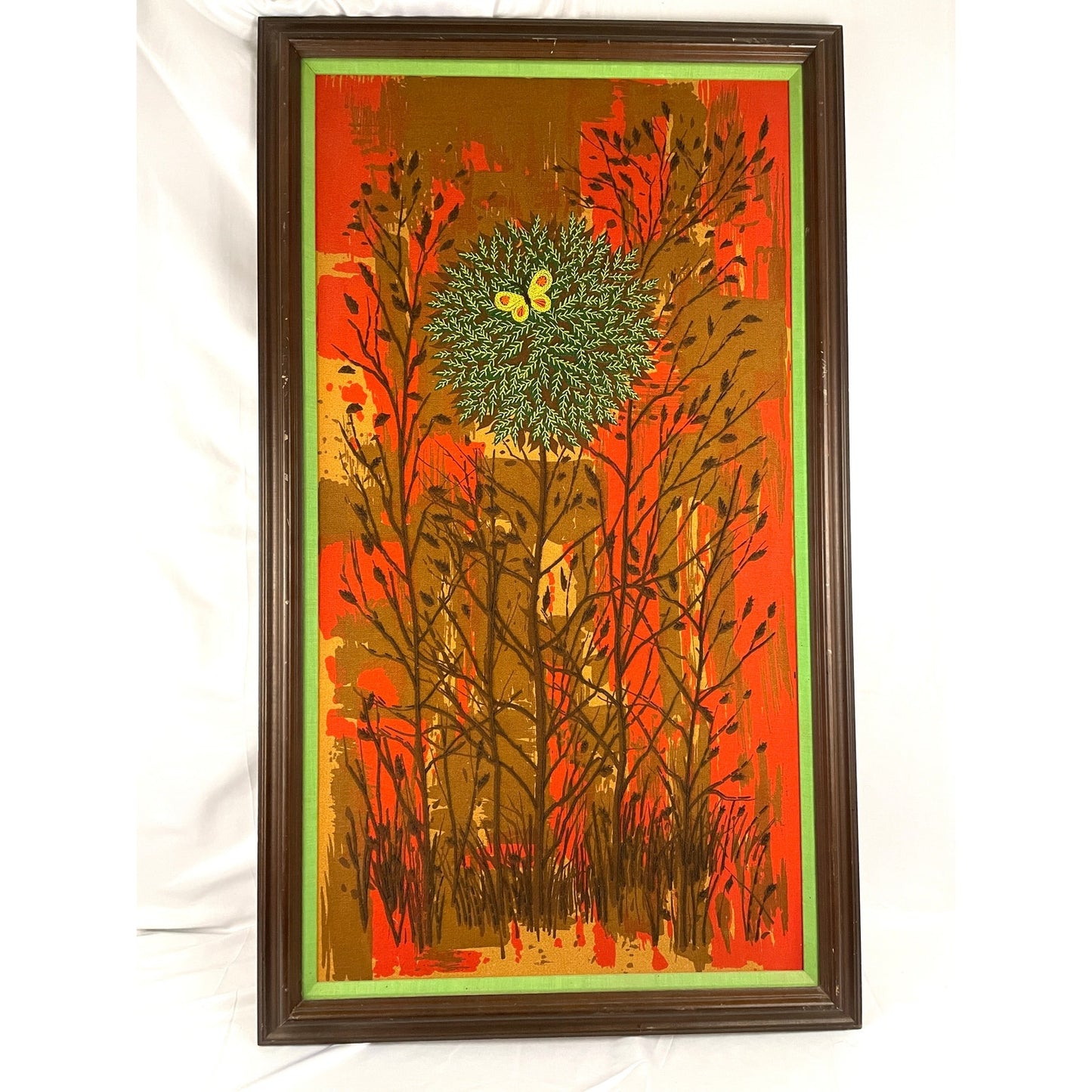 VTG Crewel 1970's Wild Tree Butterfly Embroidered Fiber Wall Art 26"x 45" MCM