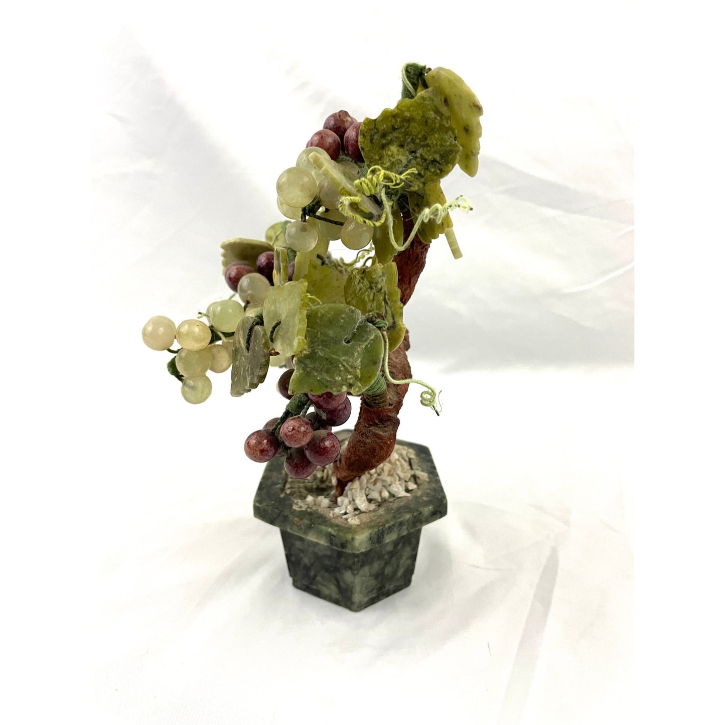 VTG Green Jade Carved Leaves Grapes Berries Fruit Faux Bonsai Tree 8" Tall