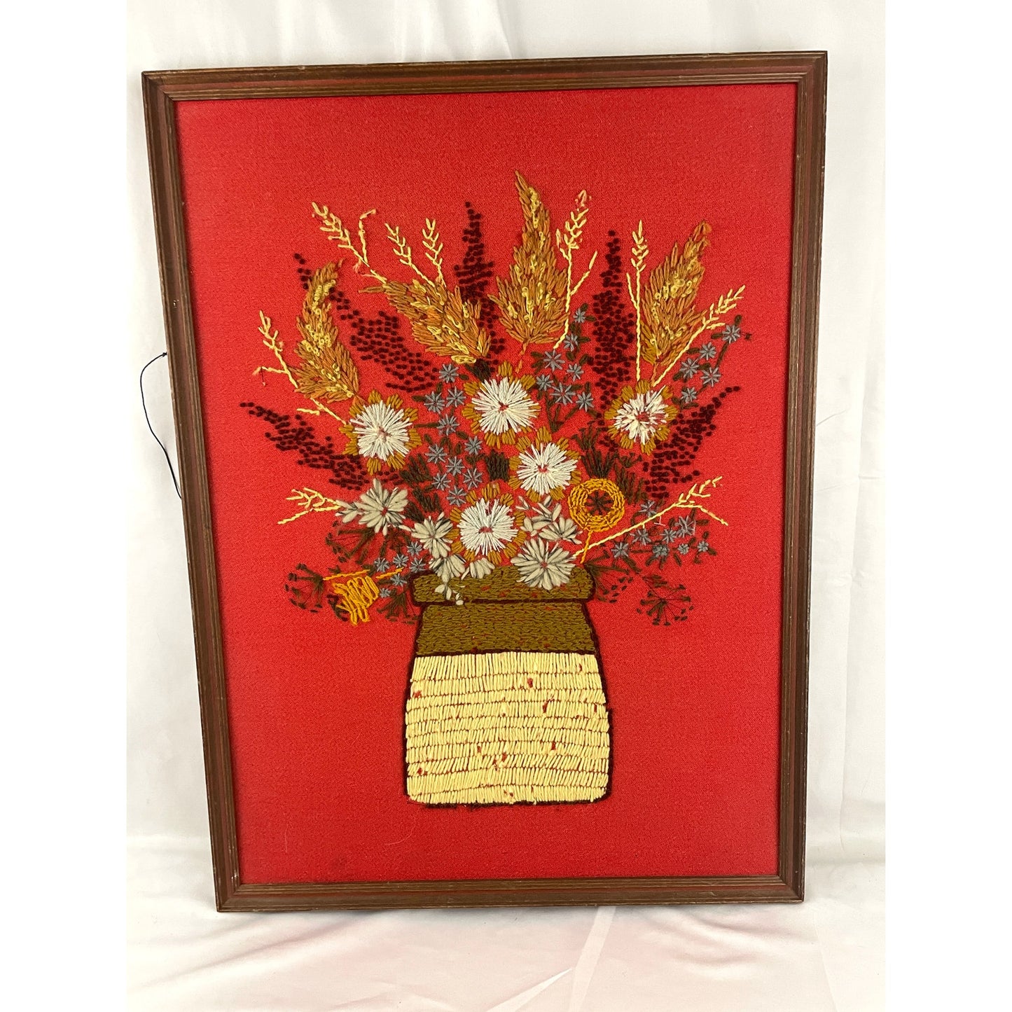 VTG Crewel Flowers in Vase Needlecraft Embroidered Framed Wall Art 21"x27" 70s