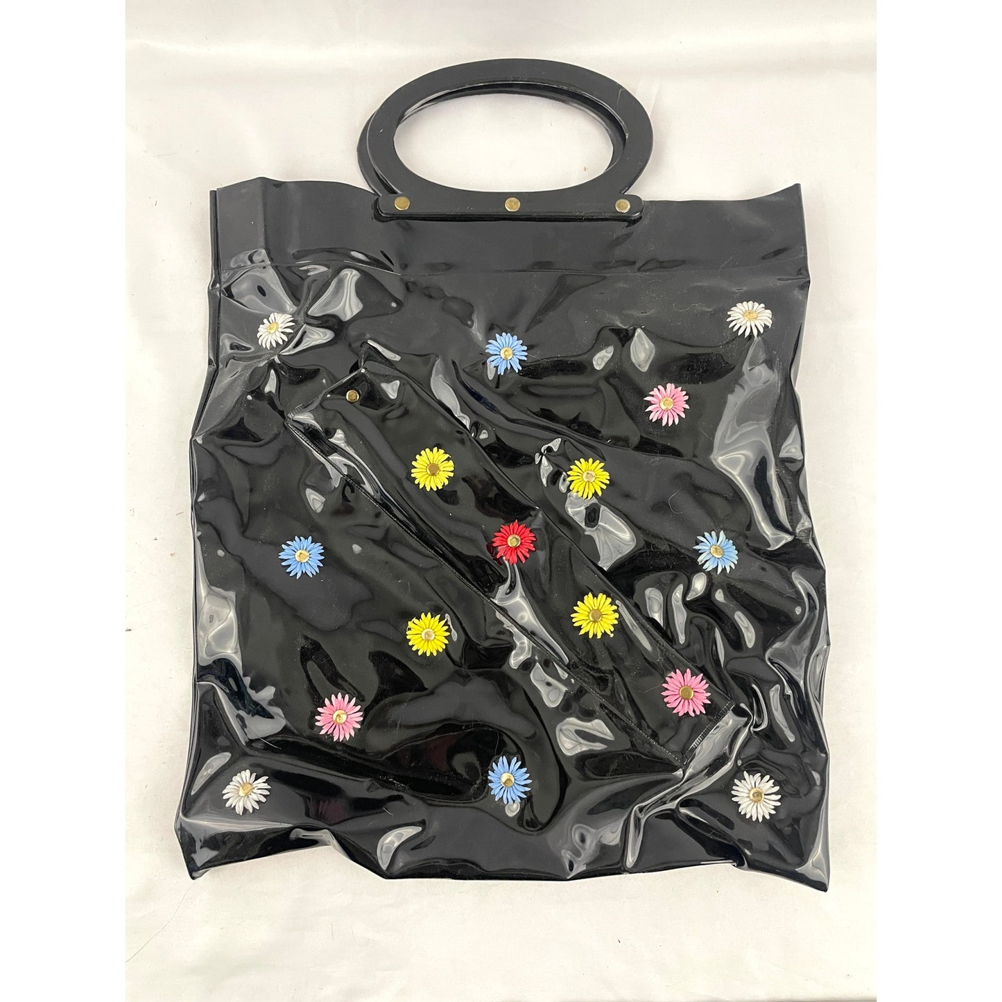 VTG Black Vinyl Daisy 3D Tote Bag Purse 14"x15" Retro Textured Round Handles