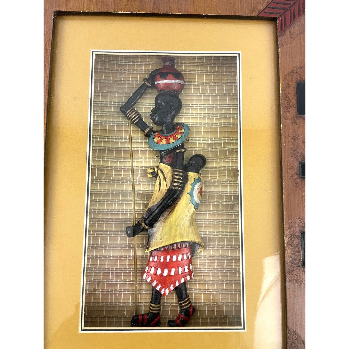 VTG Shadow Box Display With Statue Of African Tribe Woman Handmade 14"x17.5"