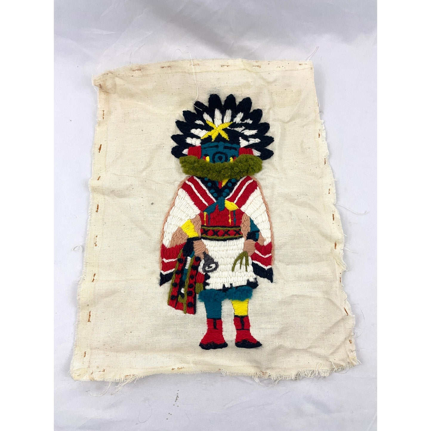 VTG Crewel Native Kachina 70s Needlecraft Hand Embroidered Art 12"x15" Unframed