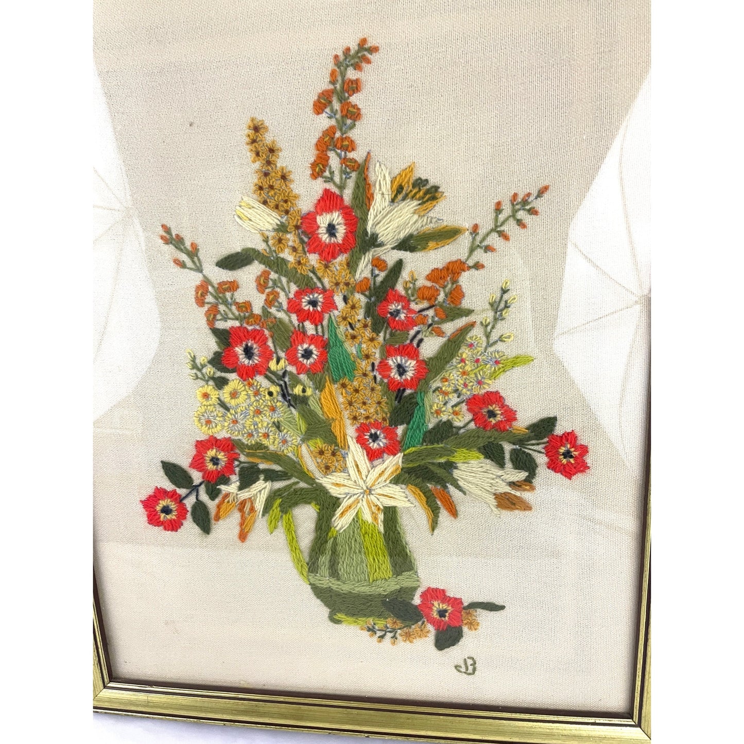 VTG Crewel Flowers Vase Needlecraft Embroidered Framed Wall Art 17.5"x21.5" 70s