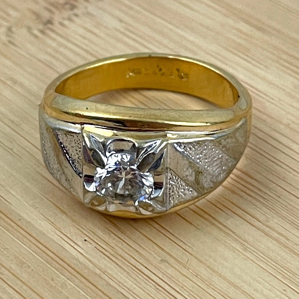 VTG Cocktail Ring 14K HGE Gold Silver Tone Cubic Zirconia Men’s Ring Sz 11.5