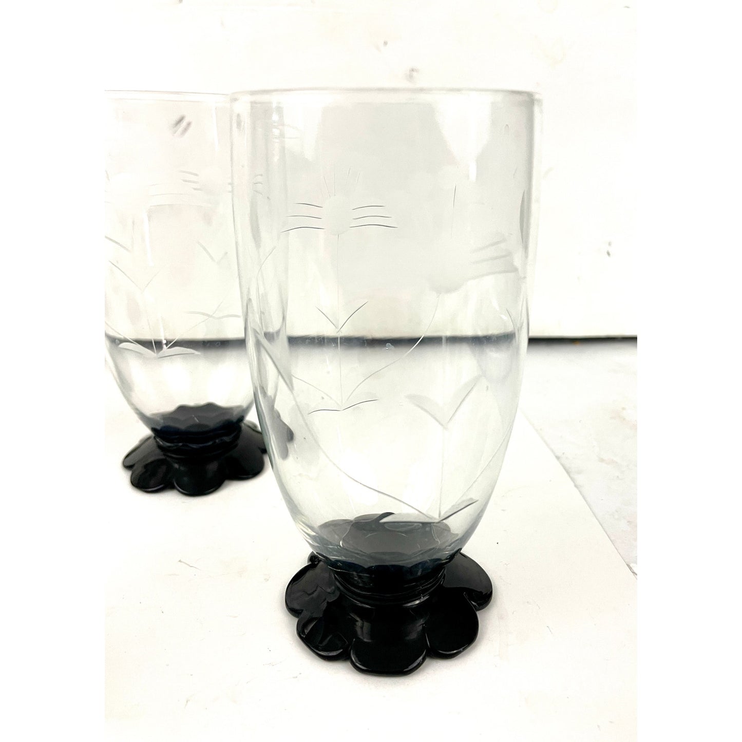 VTG Weston Etched Art Deco Floral Lily Base Black Footed Glasses Set of 7