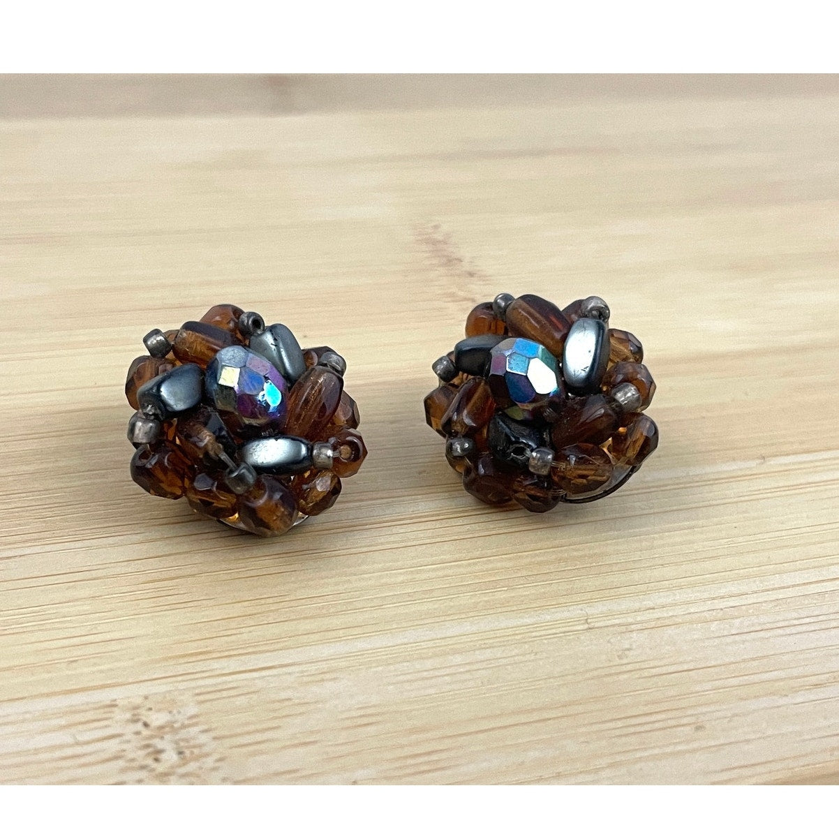 VTG Glass Bead Cluster Clip On Earrings Brass West Germany Iridescent