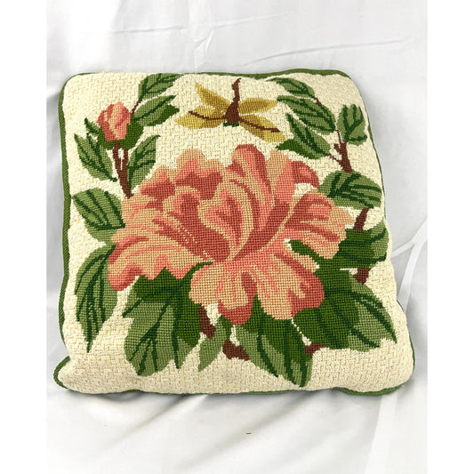 VTG Hand Sewn Pillow Pink Floral Roses Dragonfly Embroidered 13"x13"