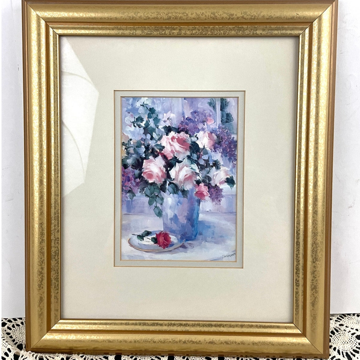 VTG Pink Roses In Vase Penny Dermand Print Wall Decor Hanging Framed 12"x15"