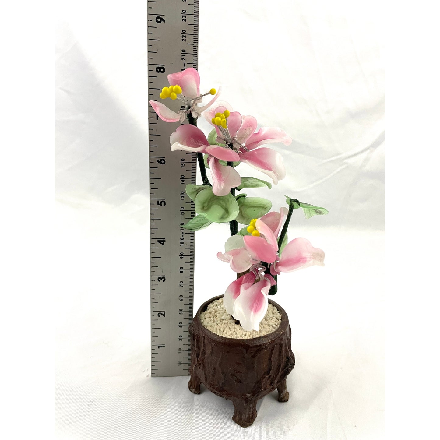 VTG Pink Cherry Blossom Jade Carved Leaves Faux Bonsai Tree 8" Tall