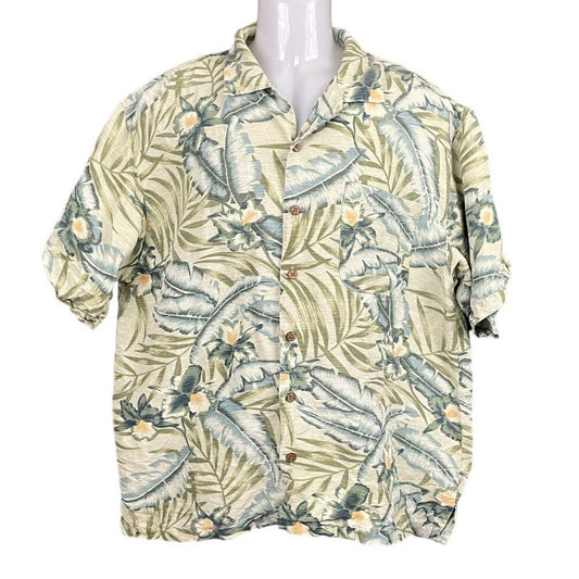 VTG Tommy Bahama Hawaiian Floral Button Up Casual Shirt L Silk Linen Blend Men's