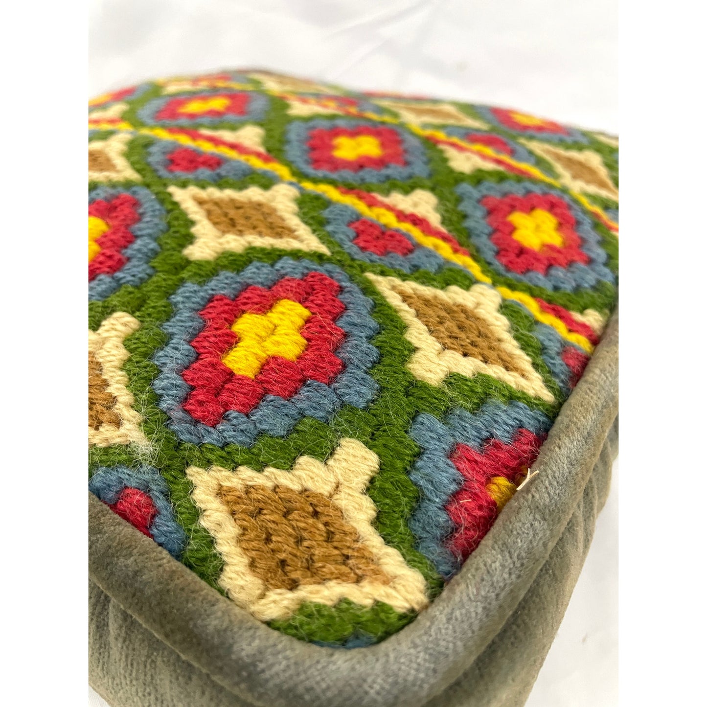 VTG Abstract Embroidery Wool Pillow 1980's Embroidery Granny-core 9"x9"