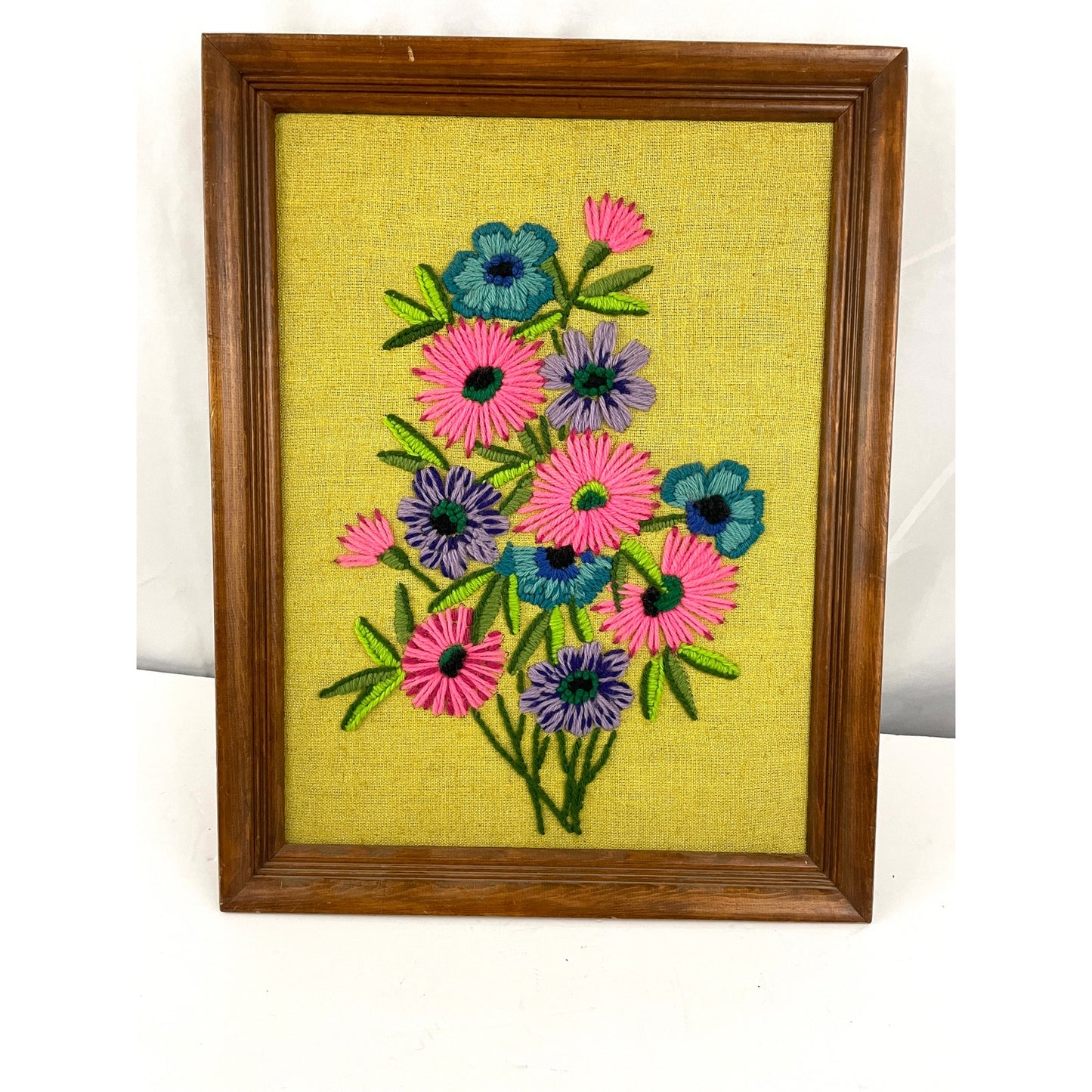 VTG Crewel Embroidery Bright Floral Framed 70's MCM Fiber Wall Art 22"X 26"