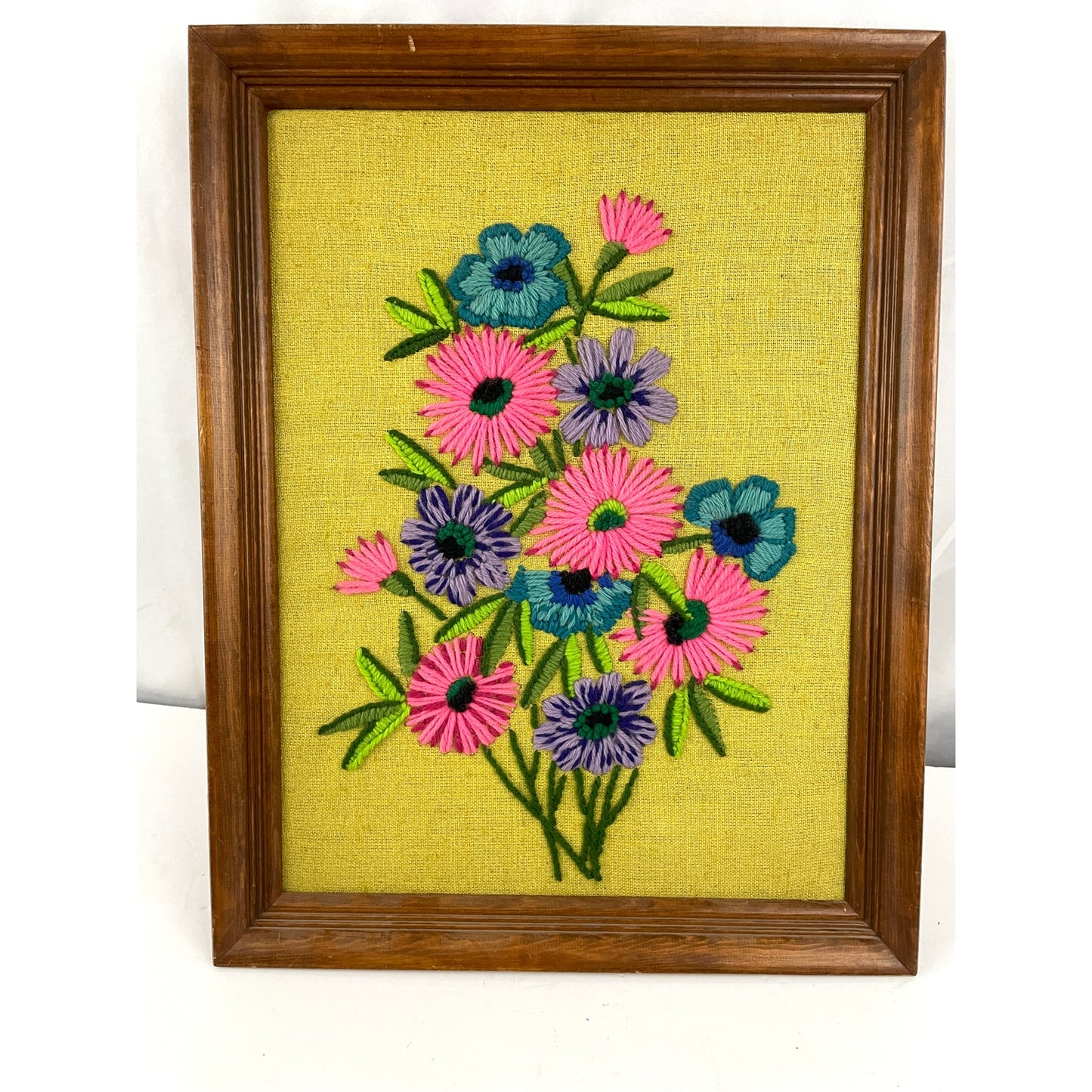 VTG Crewel Embroidery Bright Floral Framed 70's MCM Fiber Wall Art 22"X 26"