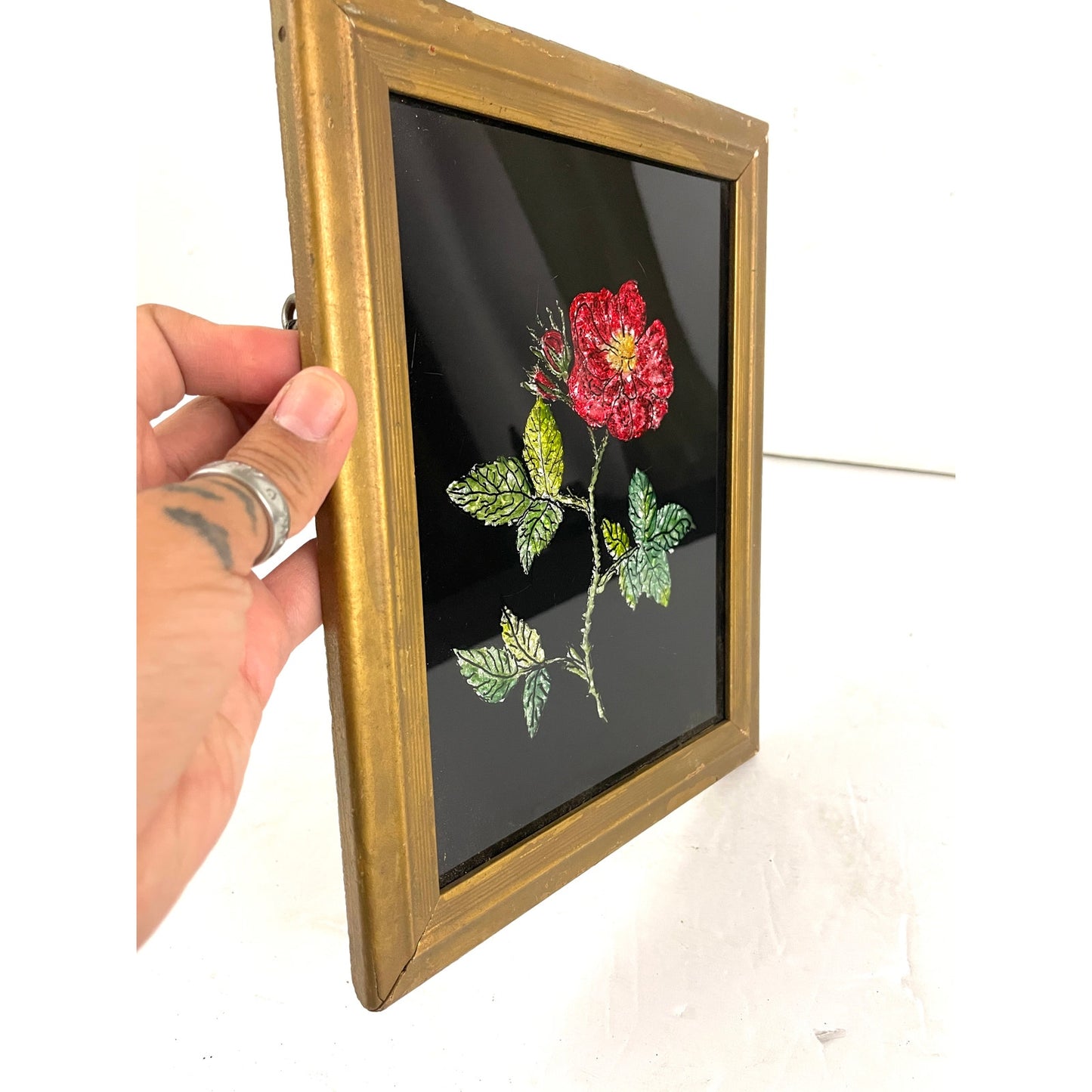 VTG Folk Art Tinsel Foil Reverse Artwork Framed 70s Red Rose 7"x9"