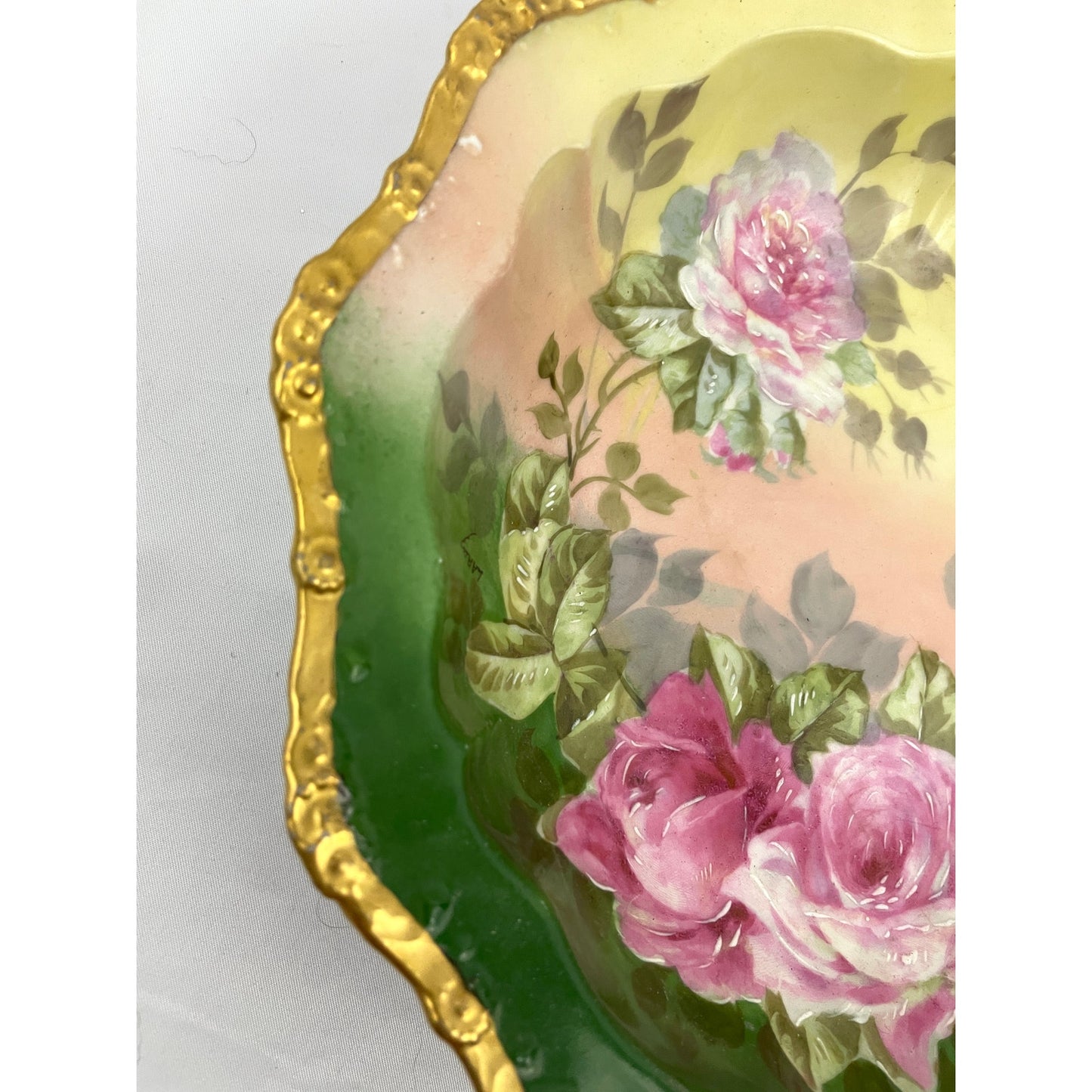 Antique Limoges Bowl France Handpainted Pink Roses Gold Accent Artist Signed VTG