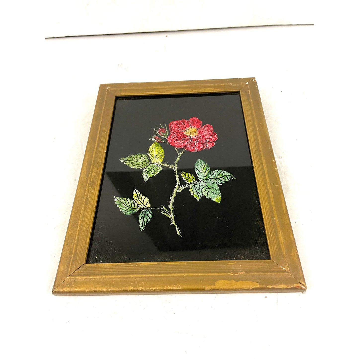 VTG Folk Art Tinsel Foil Reverse Artwork Framed 70s Red Rose 7"x9"