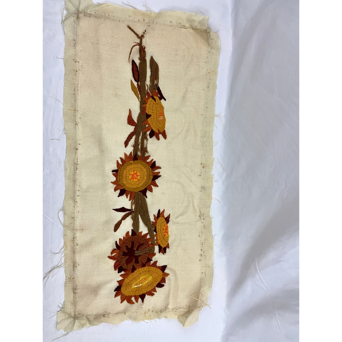 VTG Crewel Sunflower 70s Needlecraft Hand Embroidered Fiber Art 15"x30" No frame