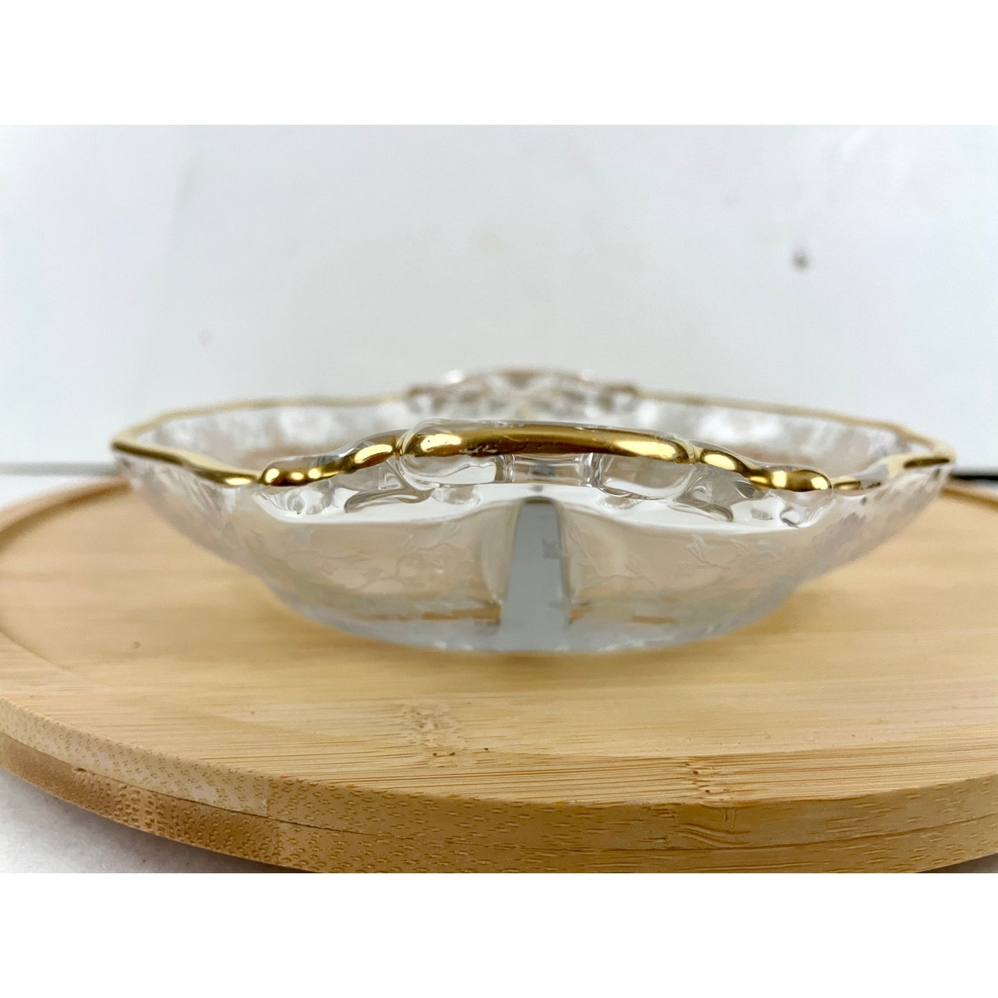 VTG Cambridge Divided Handled Relish Glass Dish Wildflower Clear Gold Trim