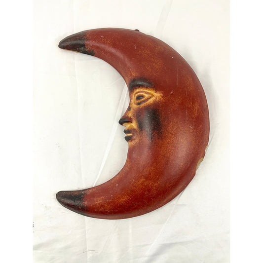 VTG Folk Art Pottery Terracotta Moon Face Brown Crescent Shaped Wall Decor 12"