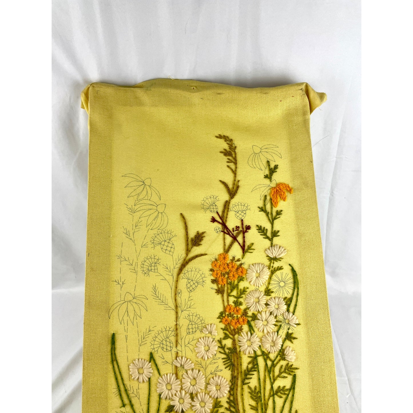 VTG Crewel Pond Flower Rare Paragon Needlecraft Embroidered Wall Art 16"x36" 70s