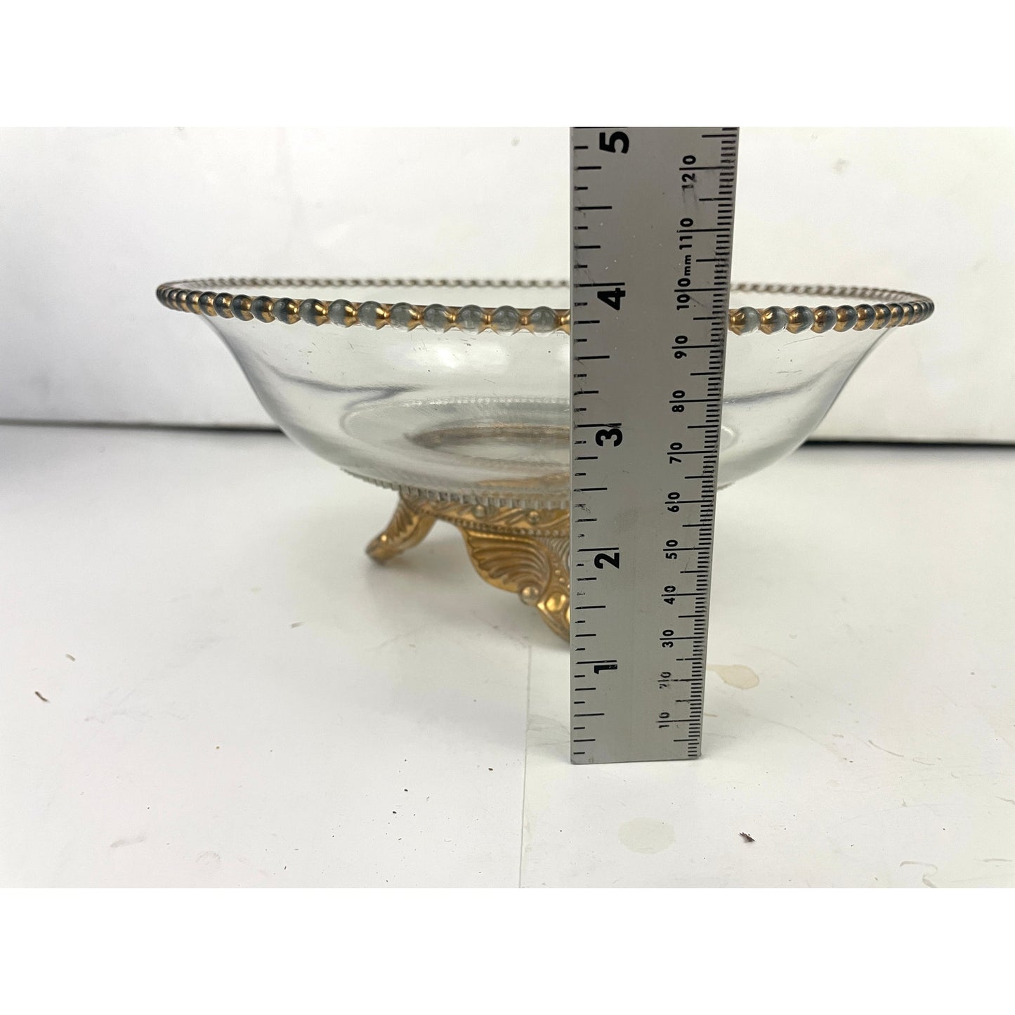 VTG Three Footed Clear Cut Pressed Glass Bowl Gold 3D Embossed Trim