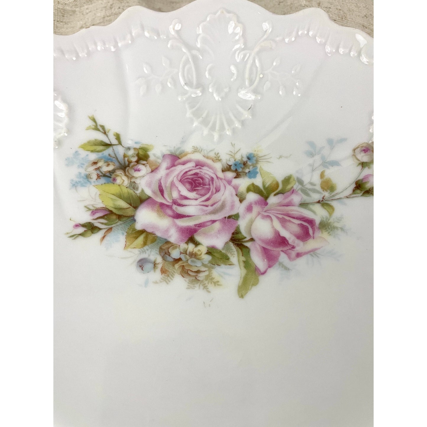 VTG Porcelain Pink Roses Floral Serving Plate With Handles Embossed Shabby Chic