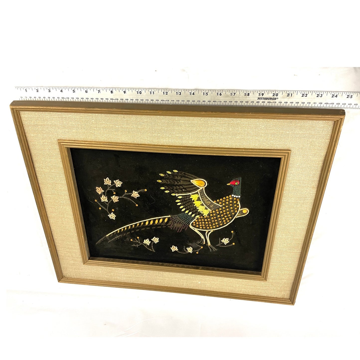 VTG Pheasant Bird Black Velvet Felt Beaded Rhinestones Art Wooden Frame MCM