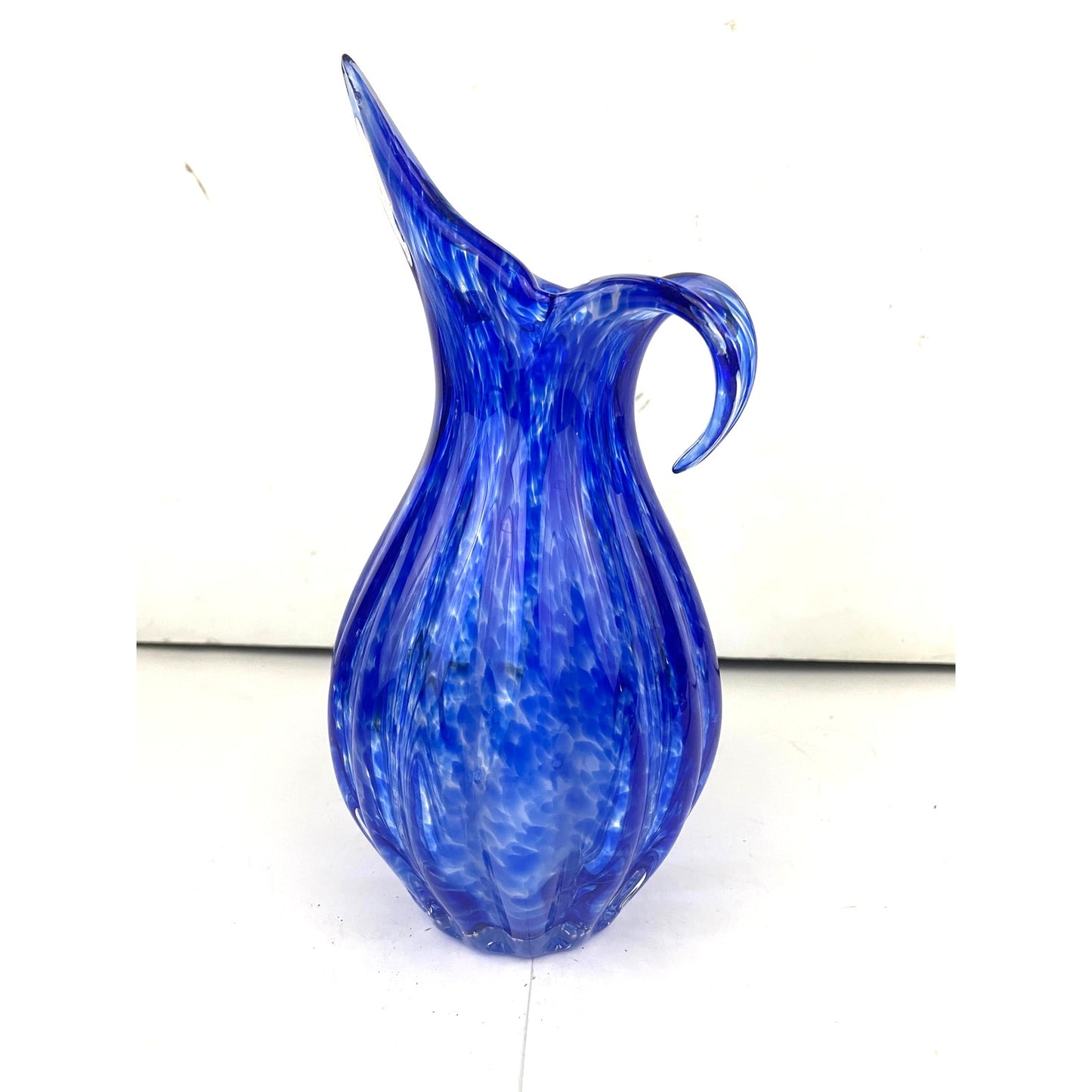 VTG Blue Murano Glass Vase Spotted Ribbed Vase 8.5" Tall Three Petal Floral MCM