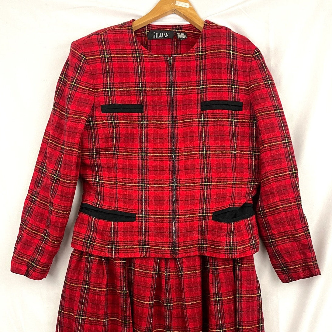 VTG Gillian Red Plaid Wool 2PC Skirt & Jacket Sz 14 Full Zip 1990's Clueless