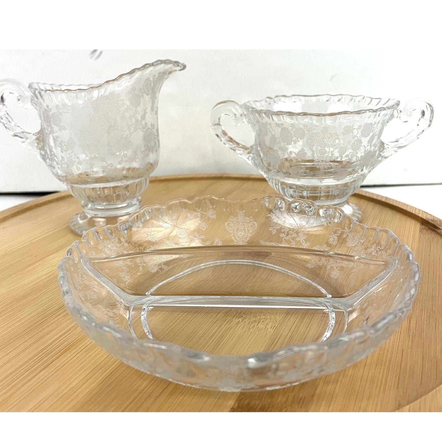 VTG Cambridge Rose Point Divided Dish Sugar and Creamer Etched Clear Glass