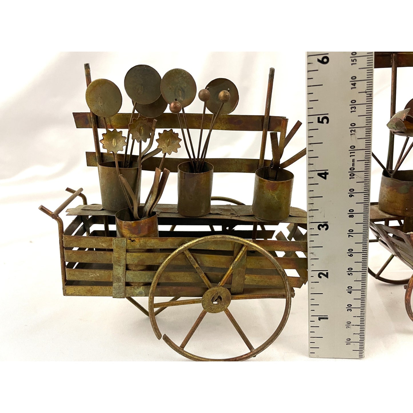 VTG Lot of 2 Copper Market Wagon Metalware Decor Flower Cart Farmers Sculpture