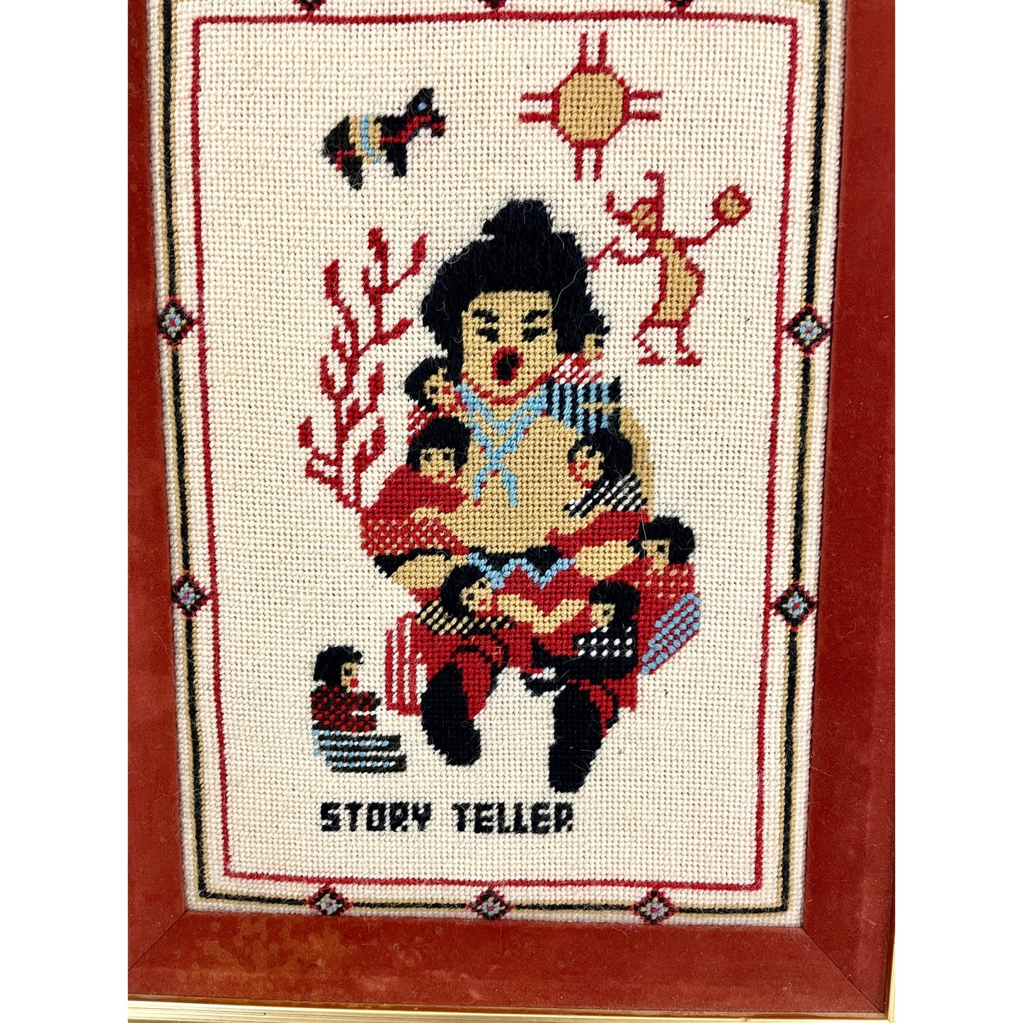 VTG 80's Storyteller Southwestern Crewel Embroidered Framed Wall Art 12"x 15.5"