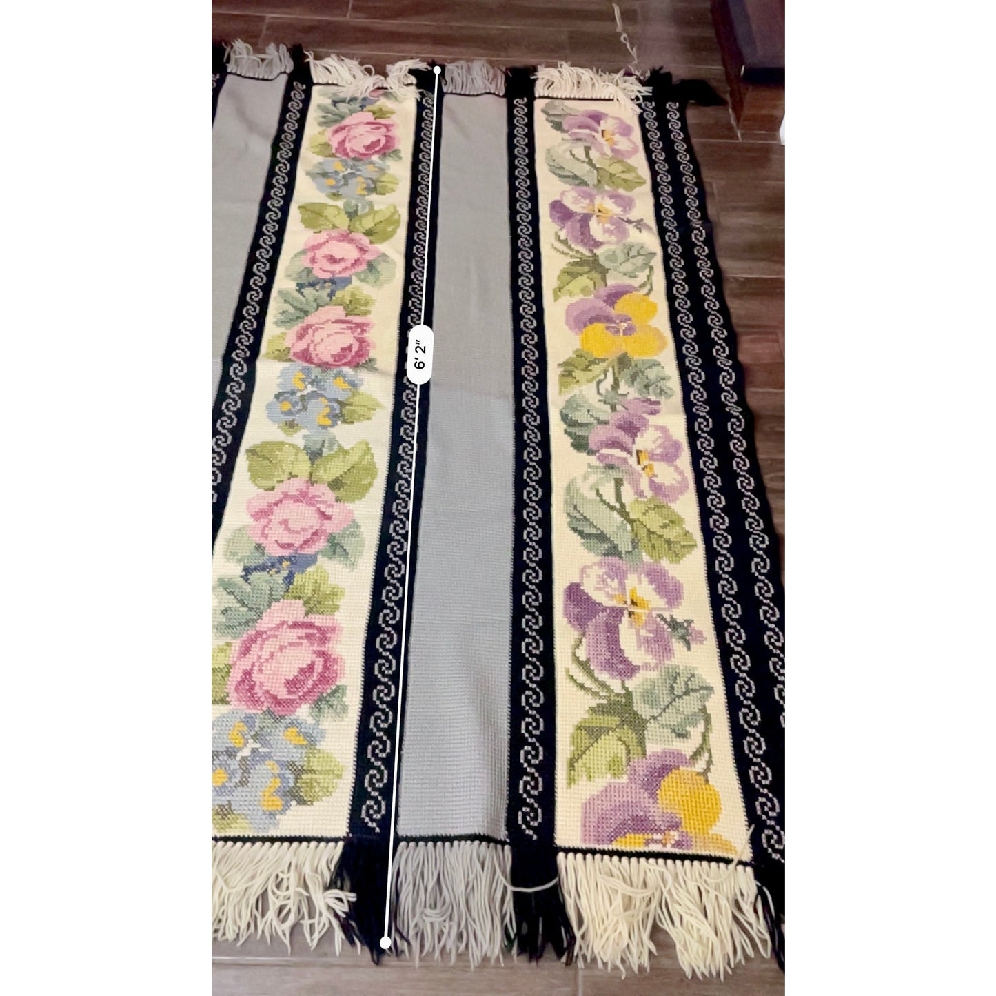 VTG Hand Knitted Blanket Throw Pansy Roses Morning Glory Flowers  60" x 74"